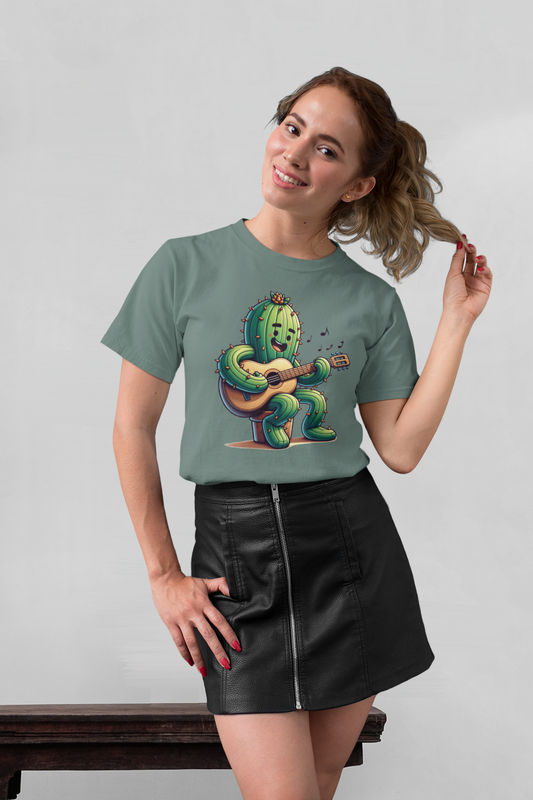 Cartoon Kaktus Gitarrenspieler Front - Unisex Erwachsenen Bio Baumwolle Kurzarm Shirt Creator T-Shirt 2.0 ST/St SH