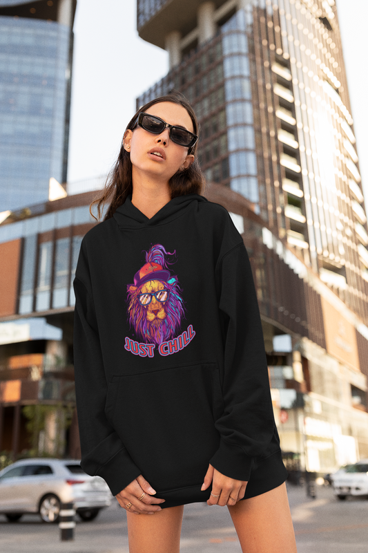 JUST CHILL NEON LION Frontside Streetwear - Slammer Bio Oversized Unisex Hoodie Erwachsenen SH