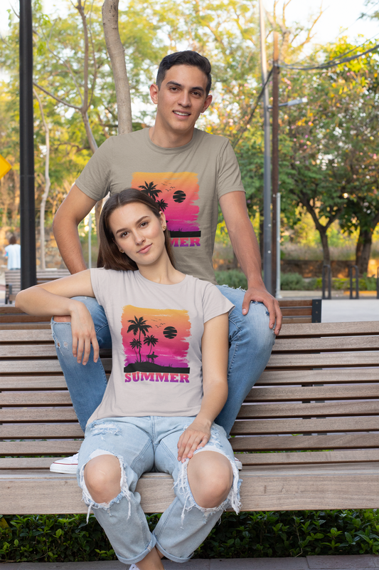 Summer Sunset Surfer Front - Unisex Erwachsenen Bio Baumwolle Kurzarm Shirt Creator T-Shirt 2.0 ST/ST SH