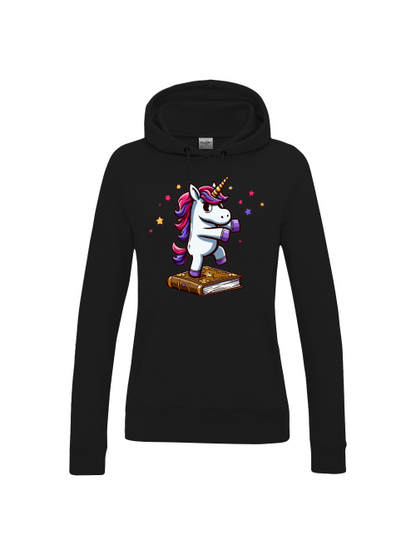 Girlie College Sudadera con capucha Unicornio baila en libro
