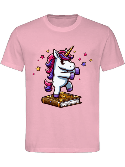 Camiseta de algodón pesado Unicornio bailando sobre un libro