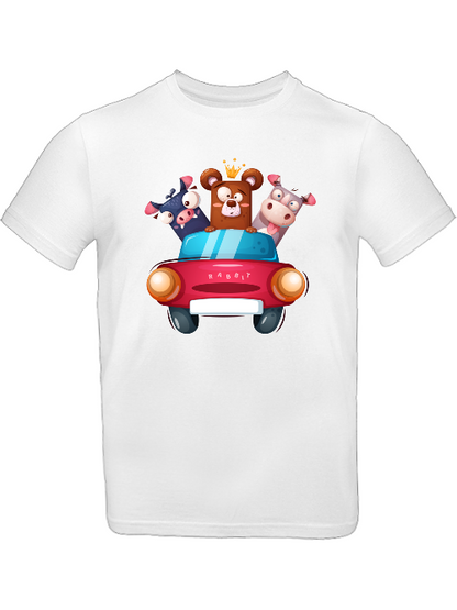Cartoon Trio Kuh Baer Schweinchen im Auto T-Shirt Kids SK