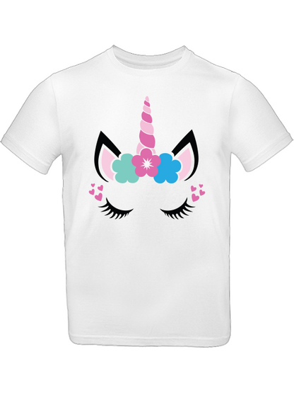 Camiseta infantil SK con estampado de unicornio, flor y corazón.