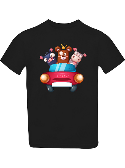 Cartoon Trio Kuh Baer Schweinchen im Auto T-Shirt Kids SK
