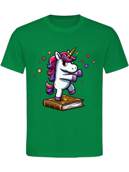 Camiseta de algodón pesado Unicornio bailando sobre un libro