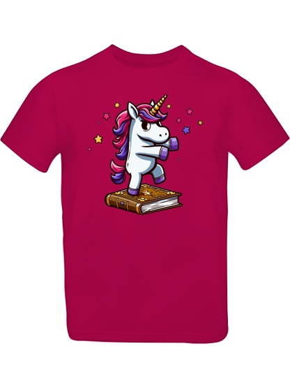 Camiseta infantil SK con unicornio bailando sobre un libro