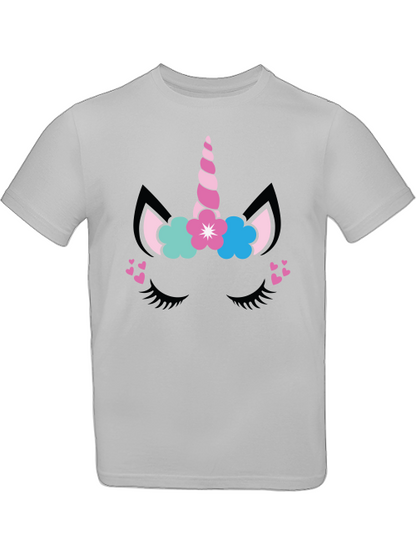 Camiseta infantil SK con estampado de unicornio, flor y corazón.