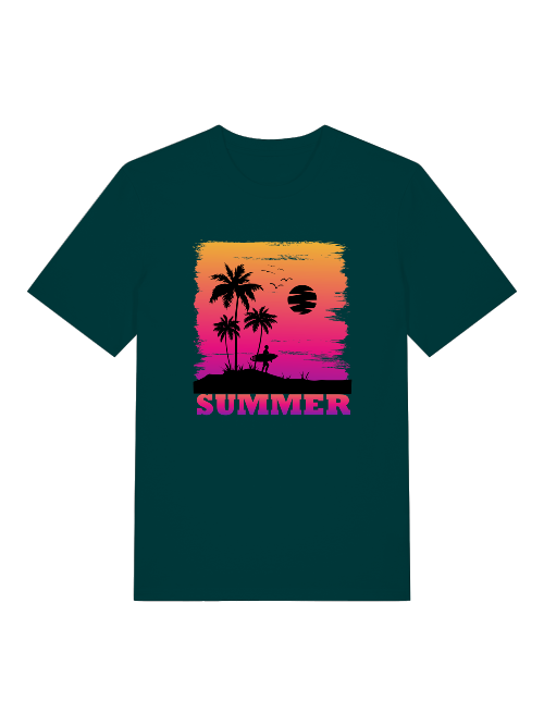 Summer Sunset Surfer Front  - Unisex Erwachsenen Bio Baumwolle Kurzarm Shirt Creator T-Shirt 2.0 ST/ST SH