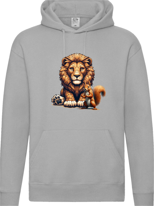 Premium Hooded Sweat Hoodie Partnershirt Löwe mit Eichhörnchen Front