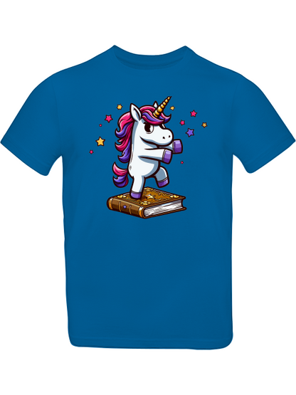 Camiseta infantil SK con unicornio bailando sobre un libro