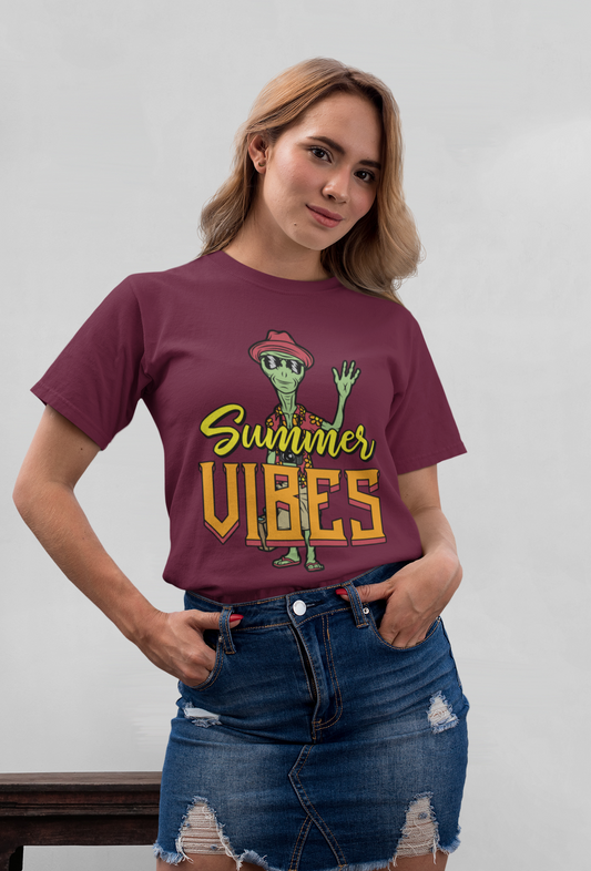 Alien Summer Vibes Front - Unisex Erwachsenen Bio Baumwolle Kurzarm Shirt Creator T-Shirt 2.0 ST/ST SK