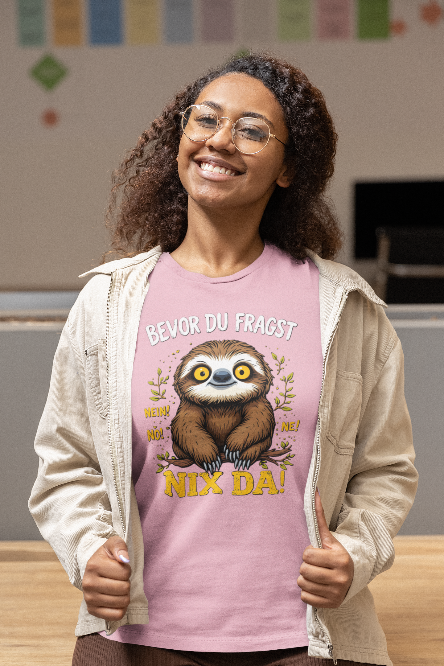 Bevor du Fragst - Nein! Nö! Ne! Nix Da! Faultier groß Front  - Unisex Erwachsenen Bio Baumwolle Kurzarm Shirt Creator T-Shirt 2.0 ST/St SH