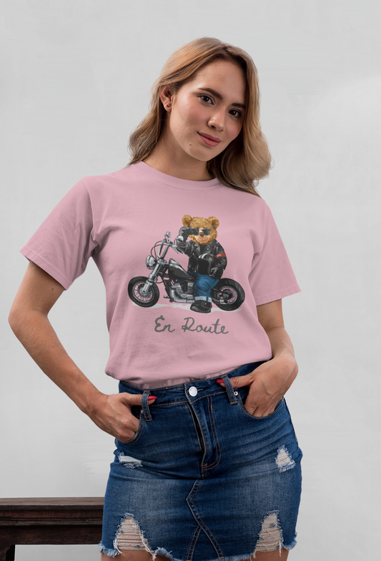 Biker Teddy En Route Front - Unisex Erwachsenen Bio Baumwolle Kurzarm Shirt Creator T-Shirt SK