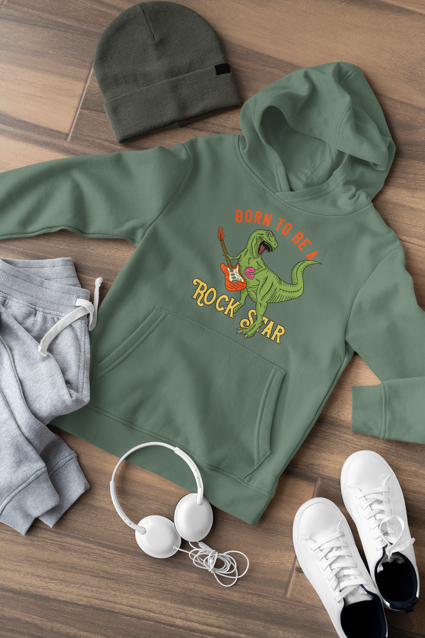 Hochwertiger Mittelschwerer Fleece-Hoodie für Jugendliche - Cartoon Dinosaurier Born to be a Rock Star - Weltweit verfügbar - GL