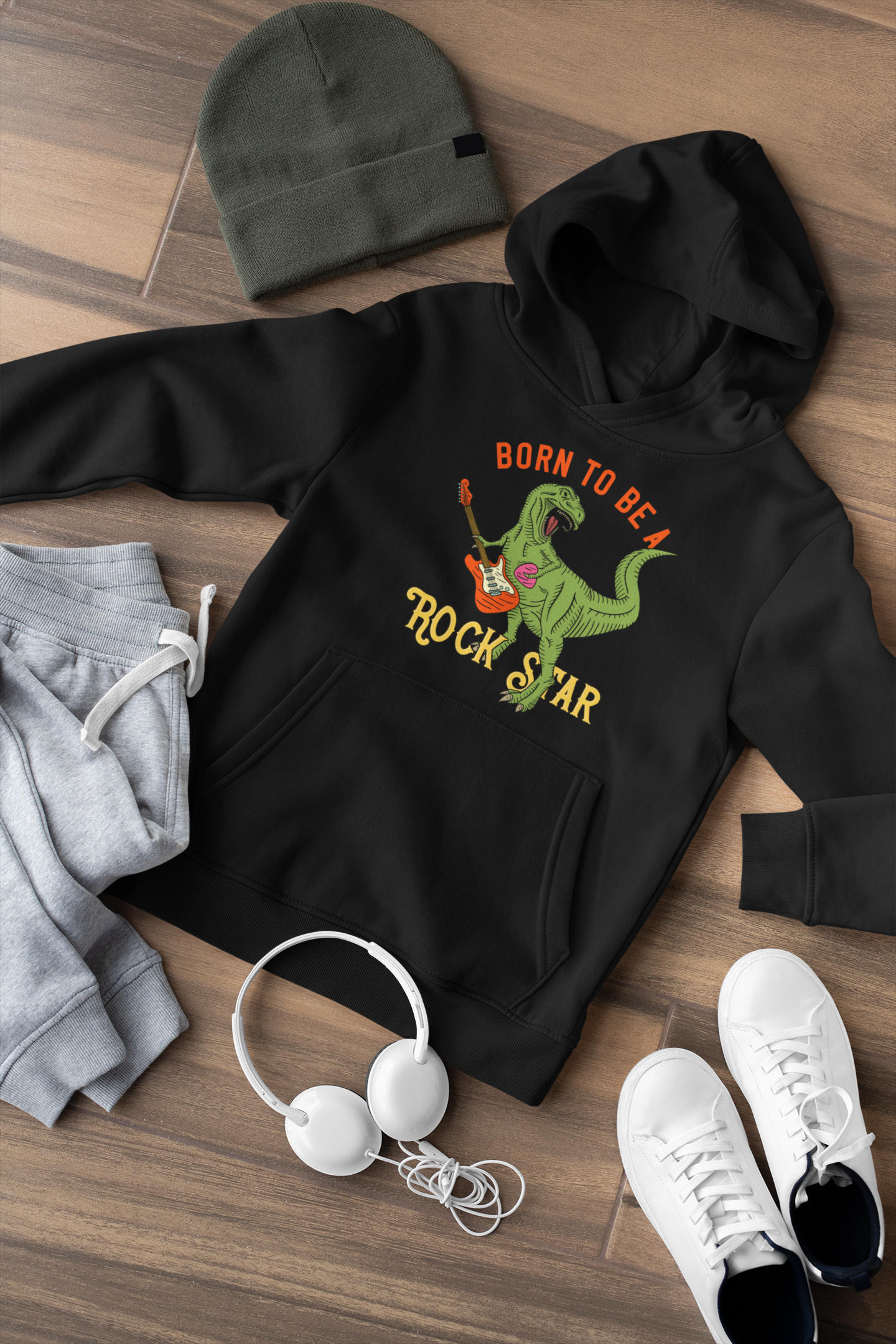 Hochwertiger Mittelschwerer Fleece-Hoodie für Jugendliche - Cartoon Dinosaurier Born to be a Rock Star - Weltweit verfügbar - GL