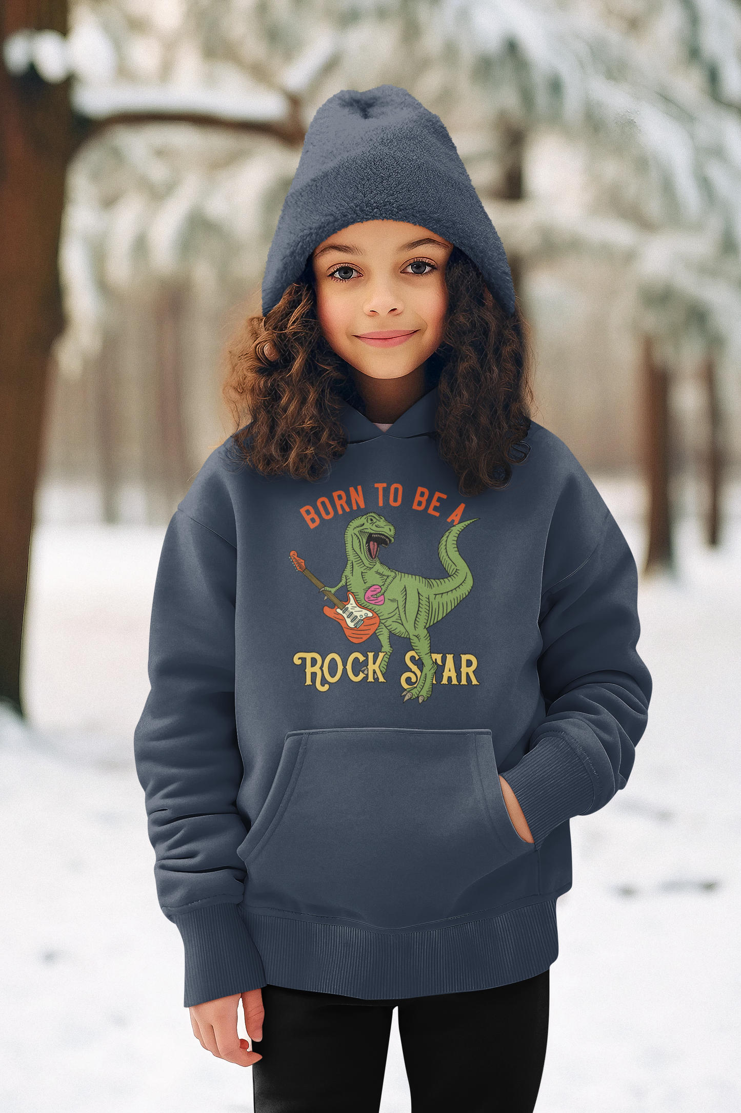 Hochwertiger Mittelschwerer Fleece-Hoodie für Jugendliche - Cartoon Dinosaurier Born to be a Rock Star - Weltweit verfügbar - GL