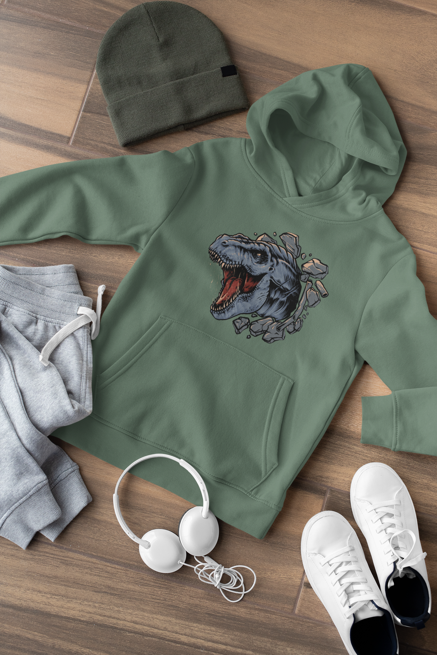 Hochwertiger Mittelschwerer Fleece-Hoodie für Jugendliche - Cartoon Dinosaurier T-Rex Kopf bricht durch Wand - Weltweit verfügbar - GL