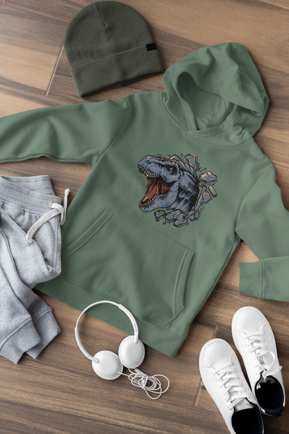 Cartoon Dinosaurier T-Rex Kopf bricht durch Wand - Hochwertiger Mittelschwerer Fleece-Hoodie für Jugendliche - Weltweit Verfügbar - GL