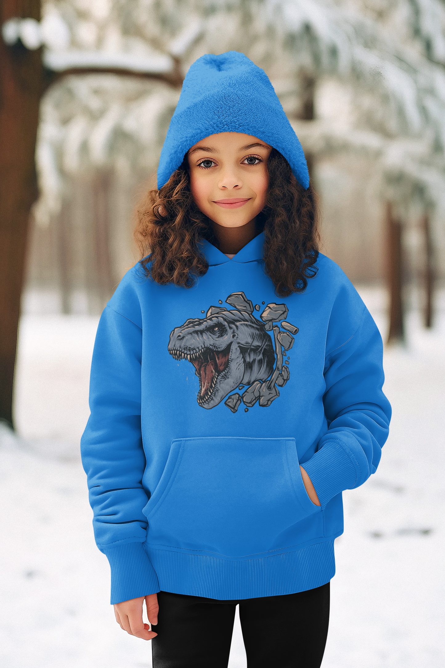 Hochwertiger Mittelschwerer Fleece-Hoodie für Jugendliche - Cartoon Dinosaurier T-Rex Kopf bricht durch Wand - Weltweit verfügbar - GL