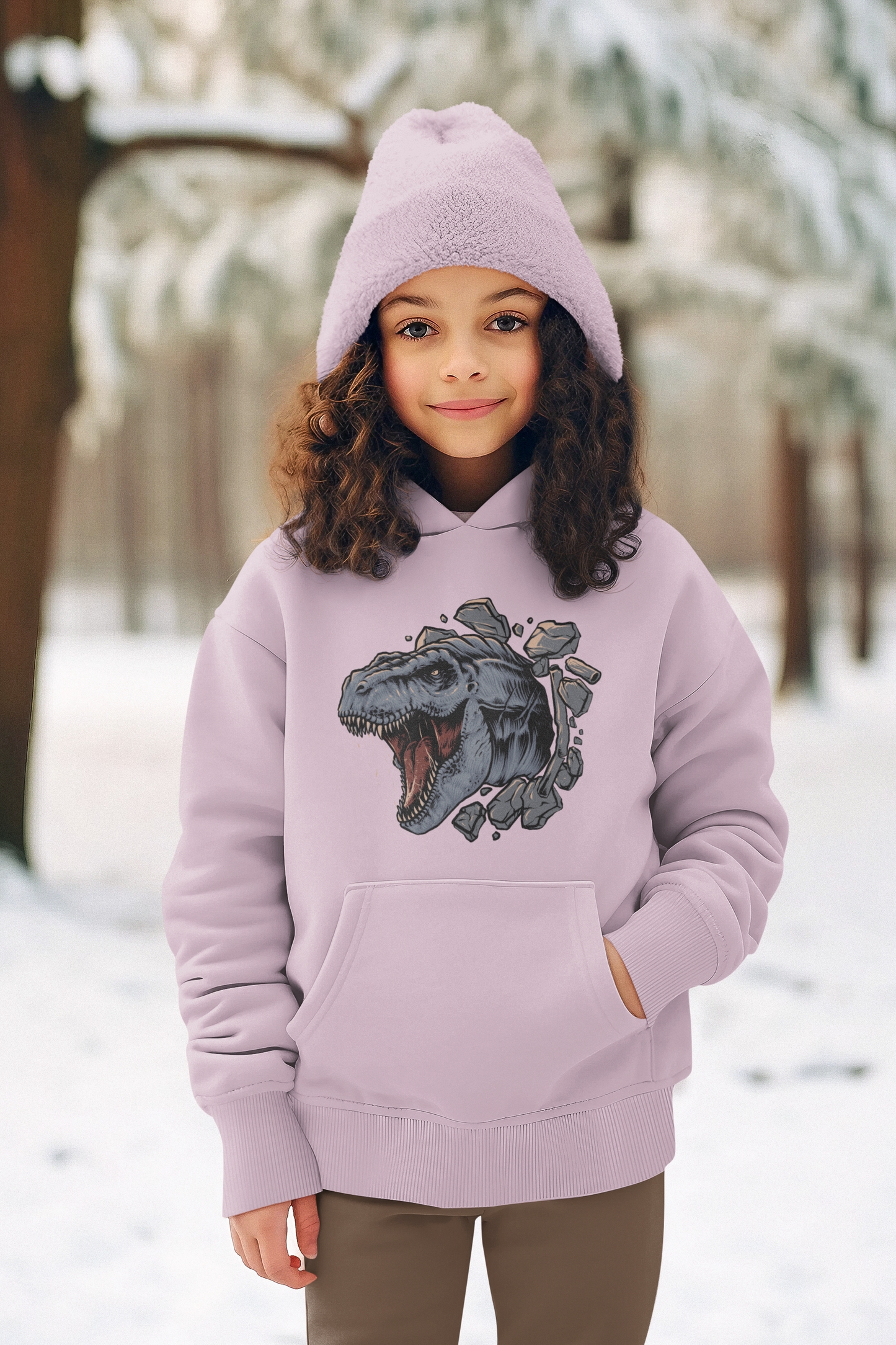 Hochwertiger Mittelschwerer Fleece-Hoodie für Jugendliche - Cartoon Dinosaurier T-Rex Kopf bricht durch Wand - Weltweit verfügbar - GL