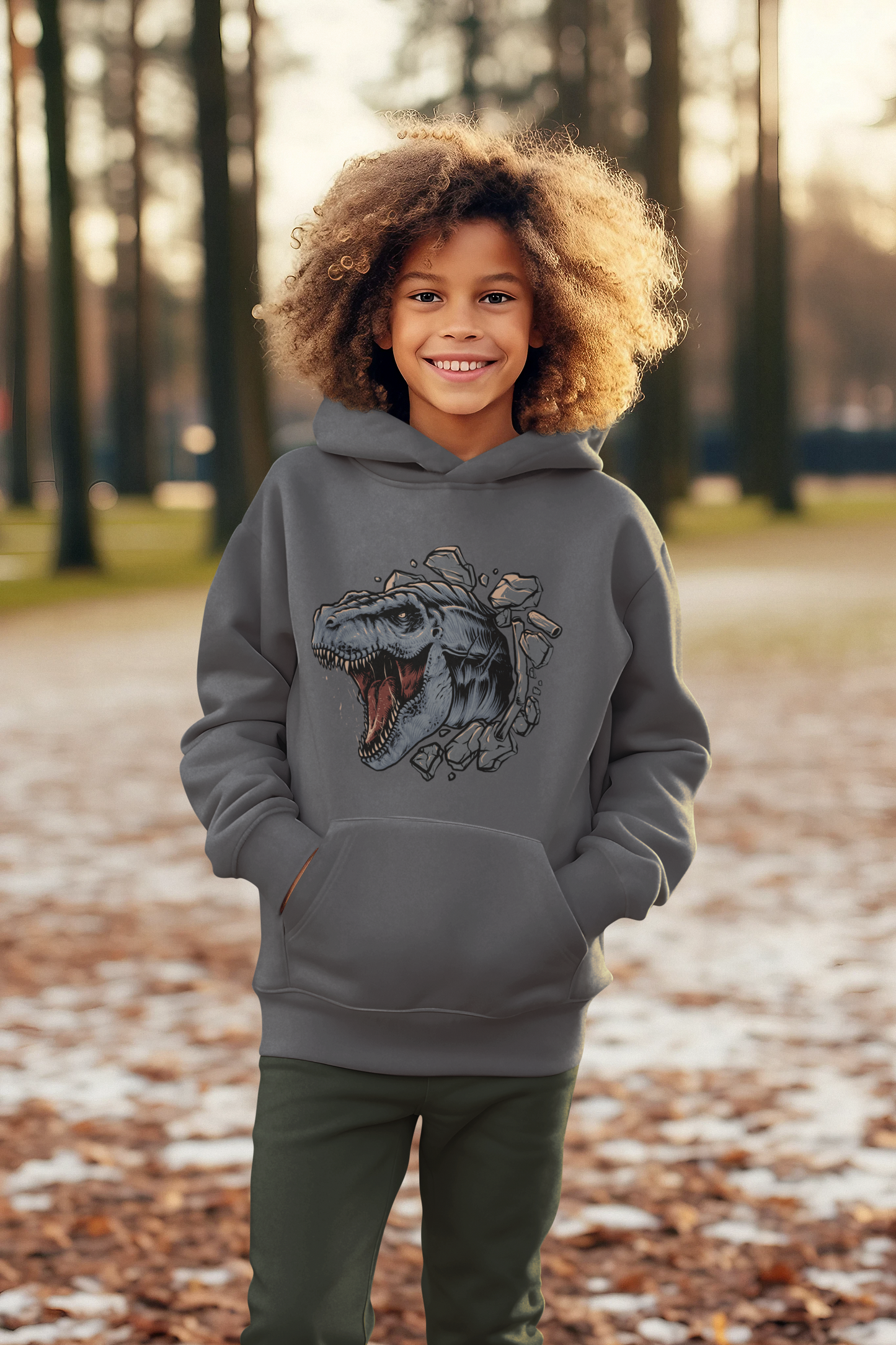 Hochwertiger Mittelschwerer Fleece-Hoodie für Jugendliche - Cartoon Dinosaurier T-Rex Kopf bricht durch Wand - Weltweit verfügbar - GL