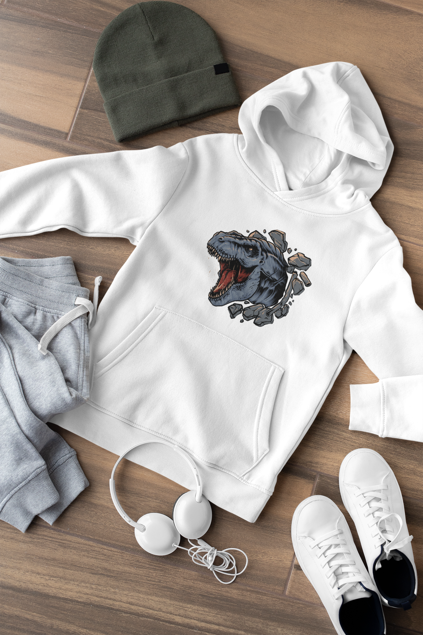 Kinder Hoodie Pullover Bio Baumwolle Hochwertig Langlebig - Cartoon Dinosaurier T-Rex Kopf durch Wand - Mini Cruiser Hoodie 2.0 ST/ST SH