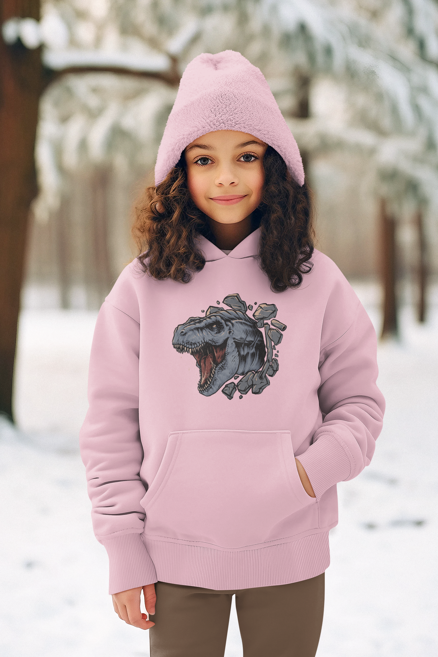 Kinder Hoodie Pullover Bio Baumwolle Hochwertig Langlebig - Cartoon Dinosaurier T-Rex Kopf durch Wand - Mini Cruiser Hoodie 2.0 ST/ST SH