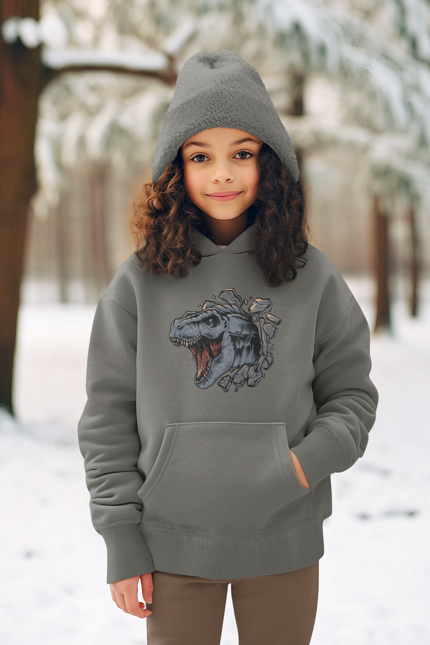 Kinder Hoodie Pullover Bio Baumwolle Hochwertig Langlebig - Cartoon Dinosaurier T-Rex Kopf durch Wand - Mini Cruiser Hoodie 2.0 ST/ST SH