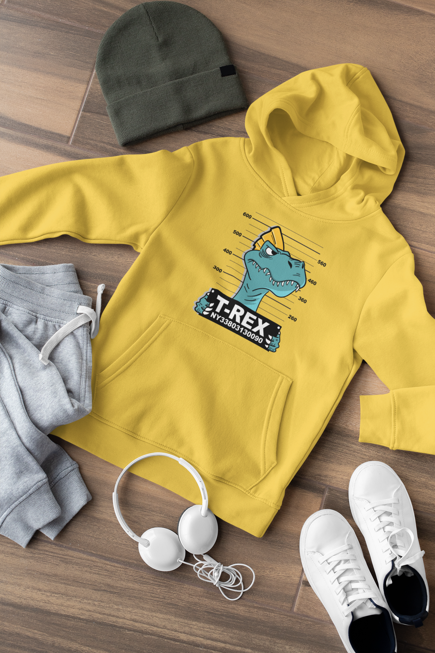 Hochwertiger Mittelschwerer Fleece-Hoodie für Jugendliche - Cartoon Dinosaurier T-Rex Verbrecherfoto - Weltweit verfügbar - GL