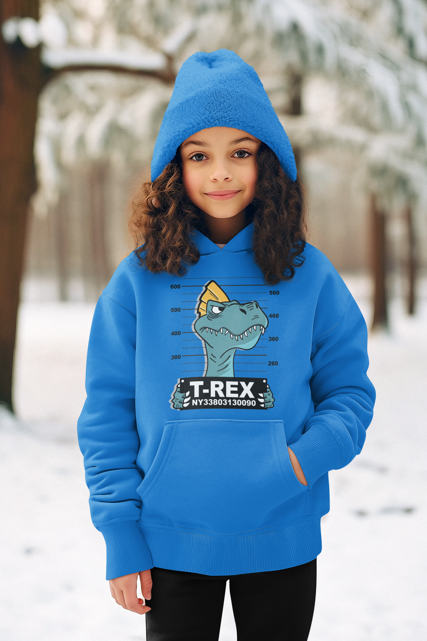 Hochwertiger Mittelschwerer Fleece-Hoodie für Jugendliche - Cartoon Dinosaurier T-Rex Verbrecherfoto - Weltweit verfügbar - GL