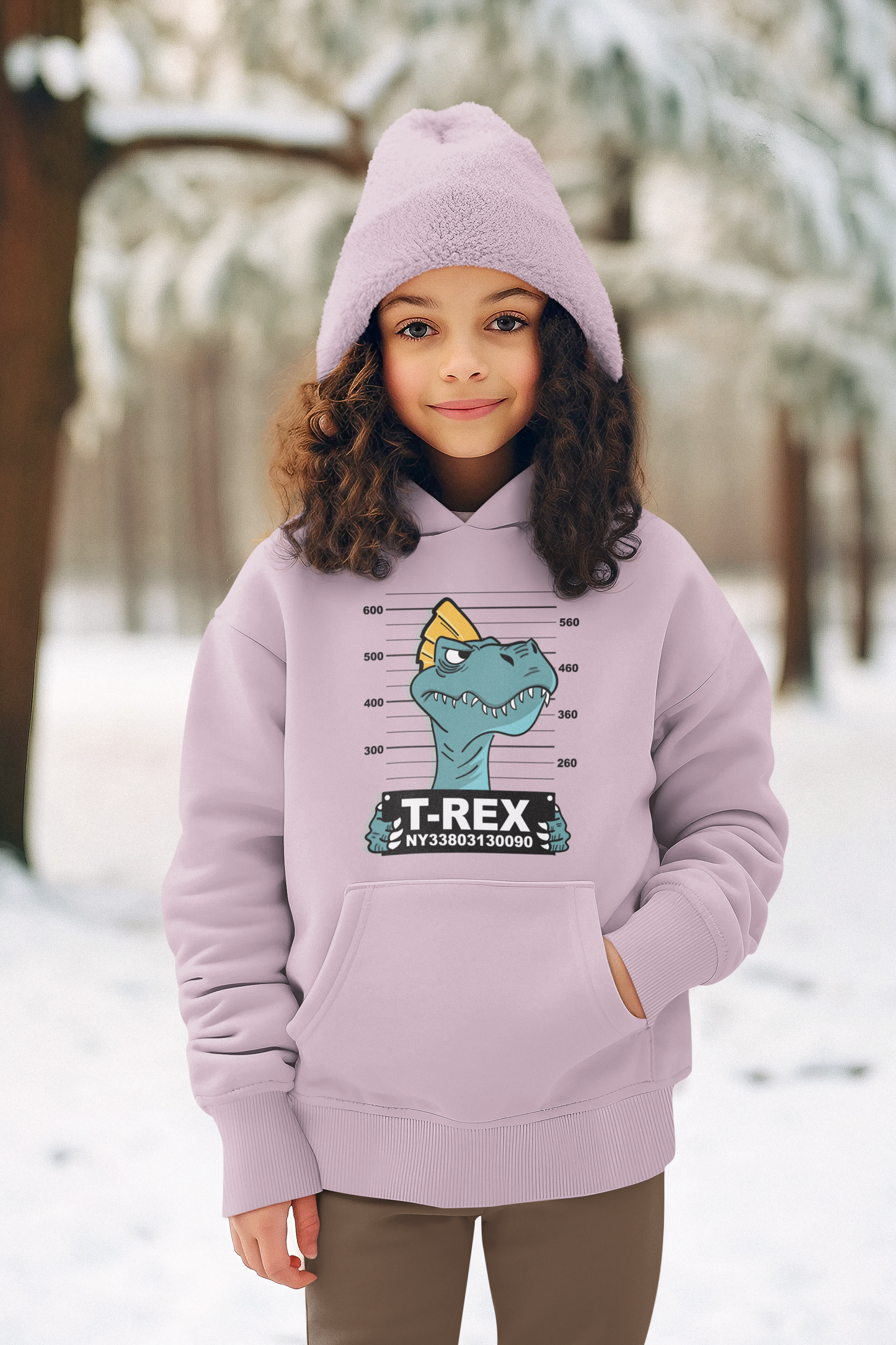 Hochwertiger Mittelschwerer Fleece-Hoodie für Jugendliche - Cartoon Dinosaurier T-Rex Verbrecherfoto - Weltweit verfügbar - GL