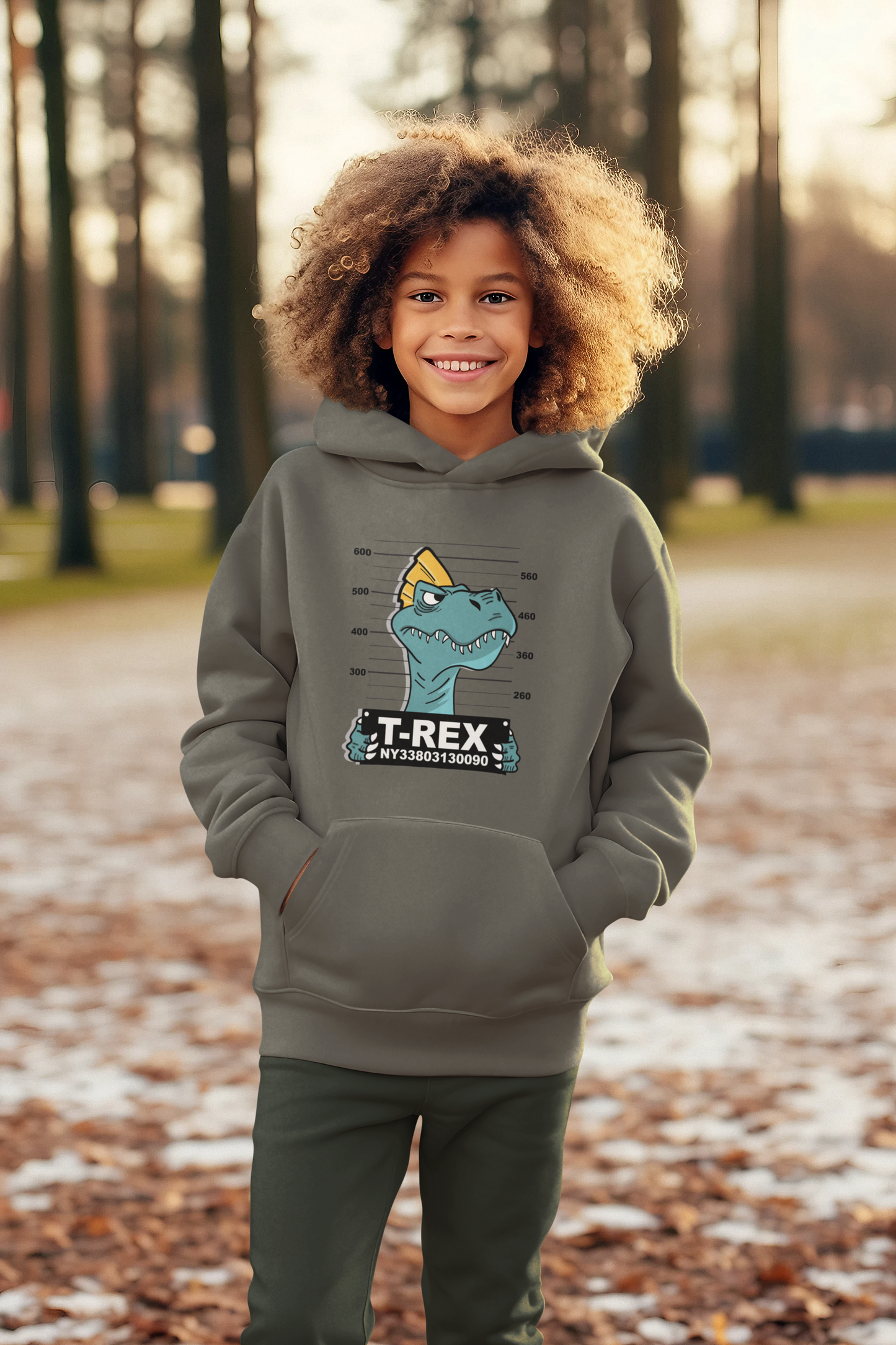 Kinder Hoodie Pullover Bio Baumwolle Hochwertig Langlebig - Cartoon Dinosaurier T-Rex Verbrecherfoto - Mini Cruiser Hoodie 2.0 ST/ST SH