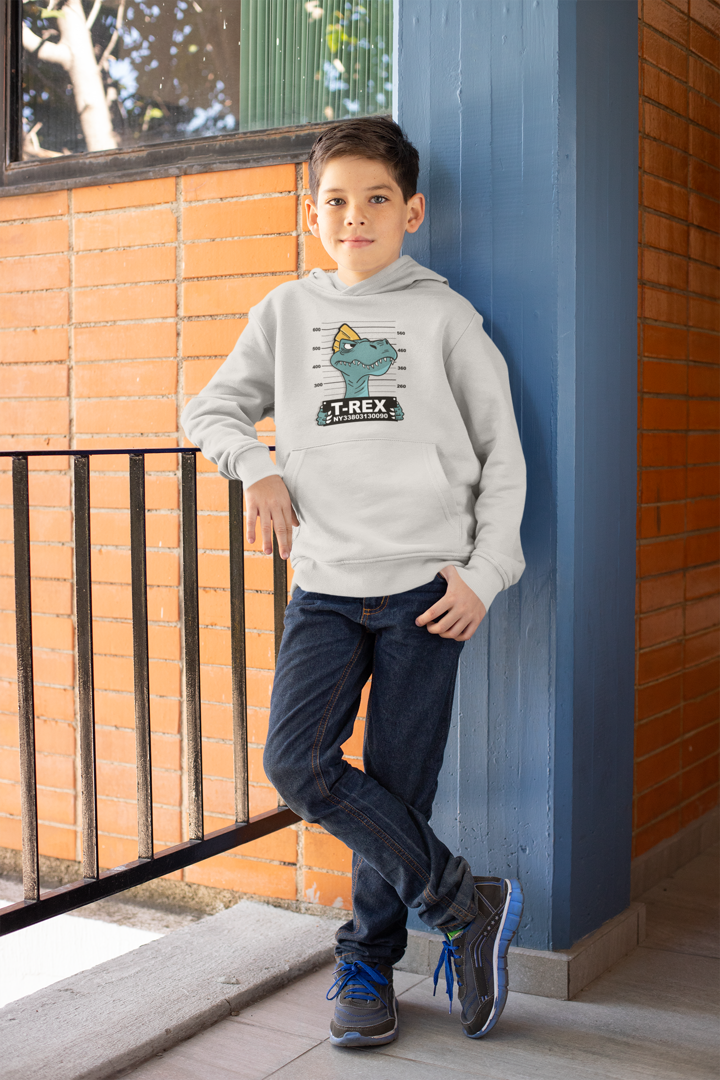 Kinder Hoodie Pullover Bio Baumwolle Hochwertig Langlebig - Cartoon Dinosaurier T-Rex Verbrecherfoto - Mini Cruiser Hoodie 2.0 ST/ST SH