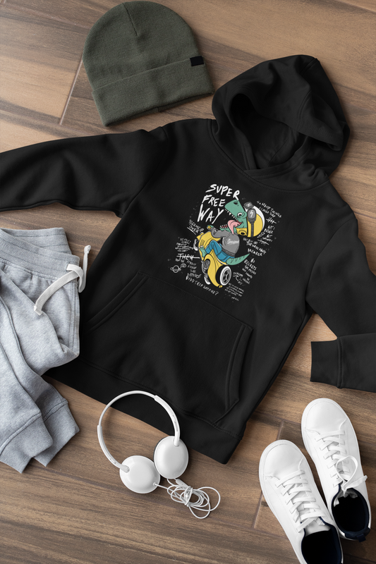 Hochwertiger Mittelschwerer Fleece-Hoodie für Jugendliche - Cartoon Dinosaurier auf Motorroller Super Free Way - Weltweit verfügbar - GL