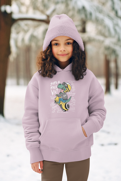 Cartoon Dinosaurier auf Motorroller Super Free Way - Hochwertiger Mittelschwerer Fleece-Hoodie für Jugendliche - Weltweit Verfügbar - GL