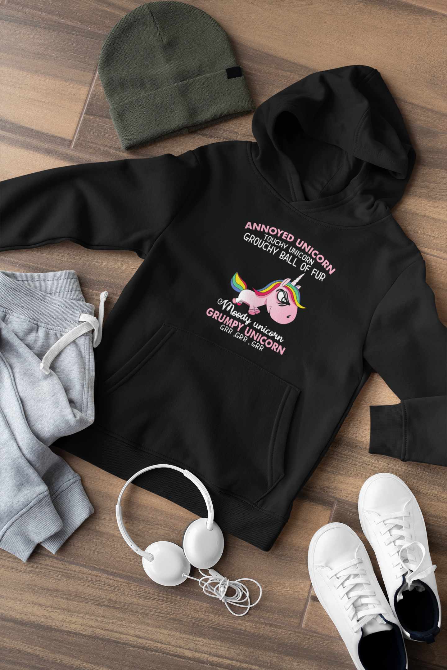 Hochwertiger Mittelschwerer Fleece-Hoodie für Jugendliche - Cartoon Einhorn Grumpy Unicorn - Weltweit verfügbar - GL