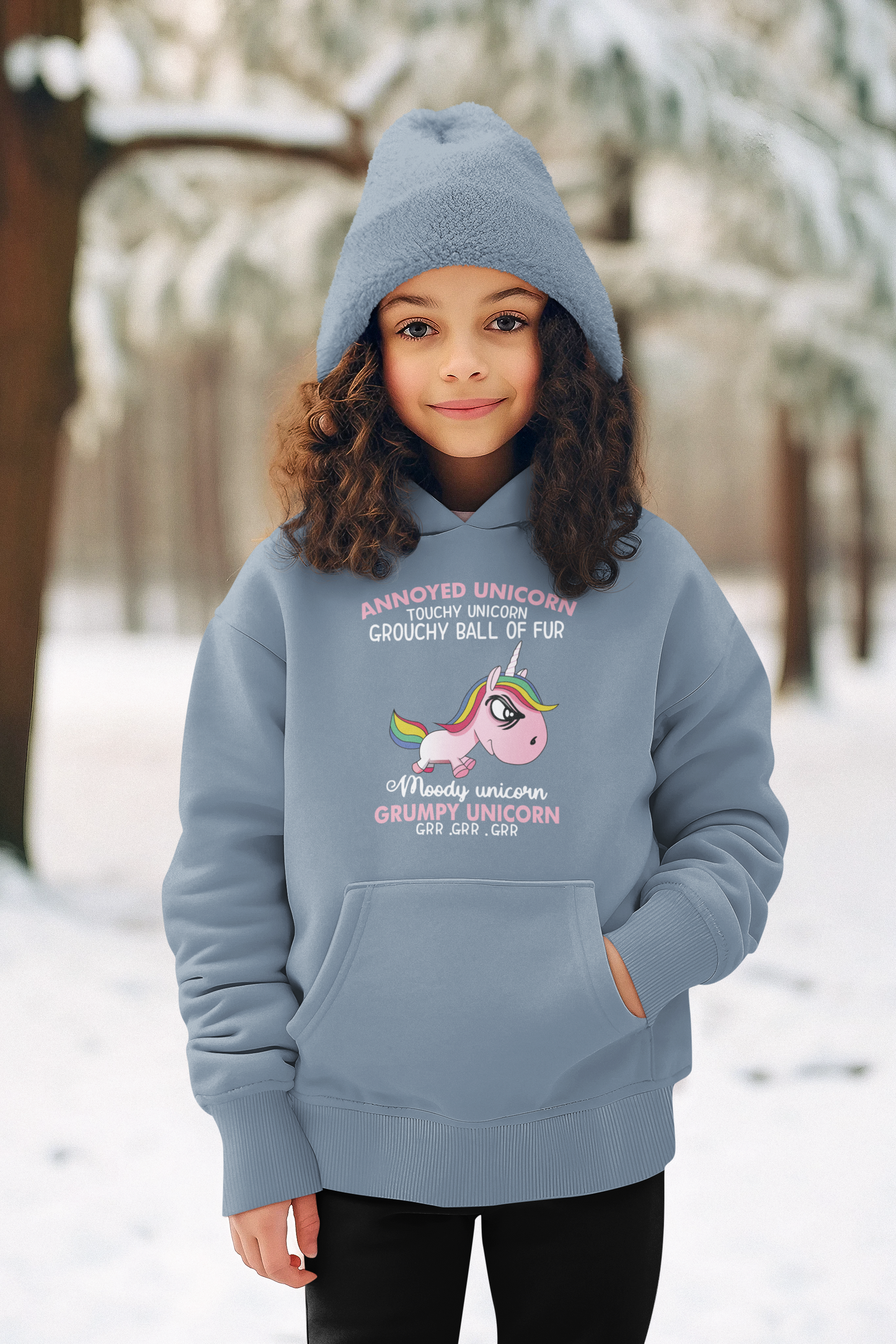 Hochwertiger Mittelschwerer Fleece-Hoodie für Jugendliche - Cartoon Einhorn Grumpy Unicorn - Weltweit verfügbar - GL