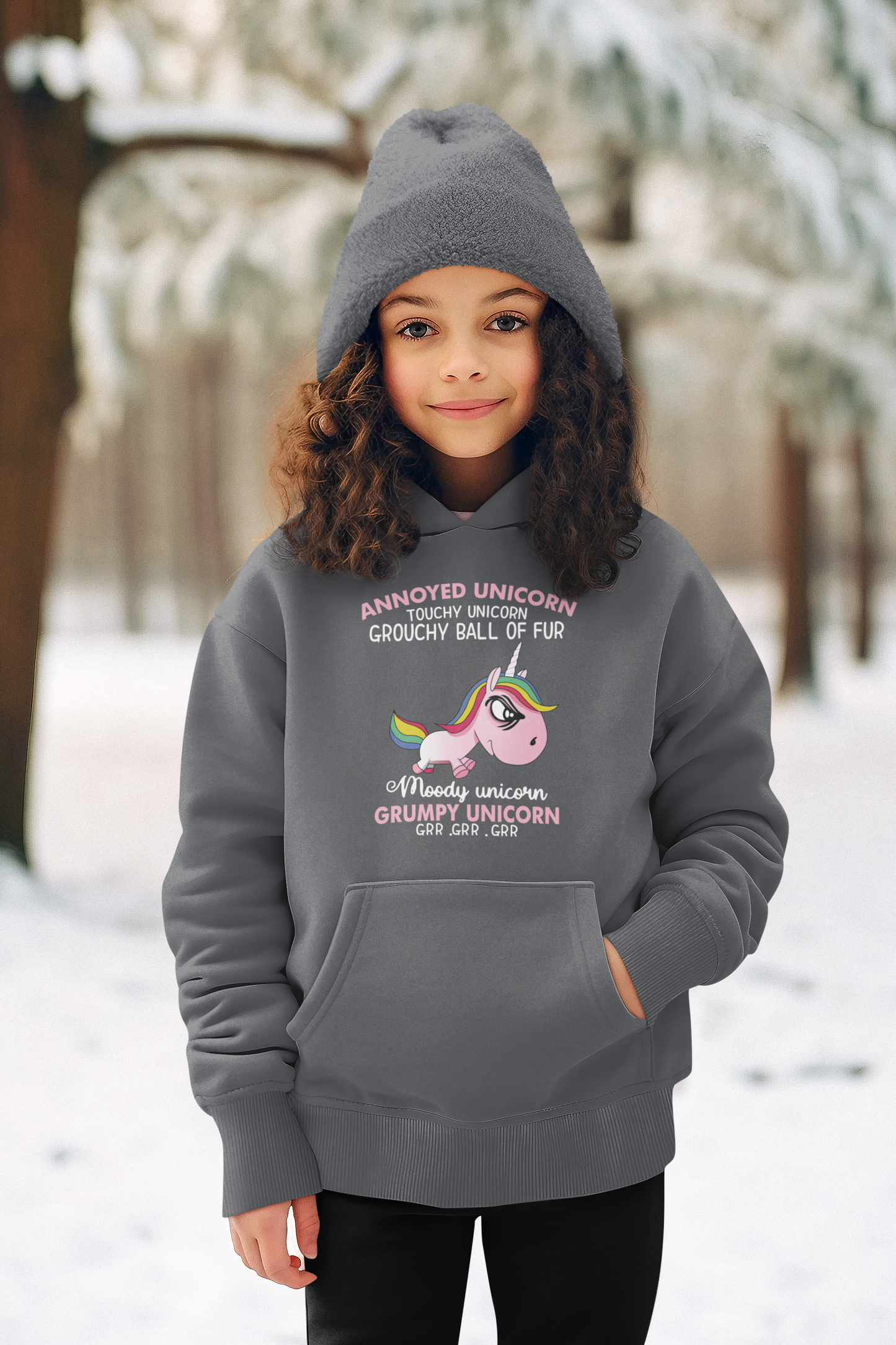 Hochwertiger Mittelschwerer Fleece-Hoodie für Jugendliche - Cartoon Einhorn Grumpy Unicorn - Weltweit verfügbar - GL