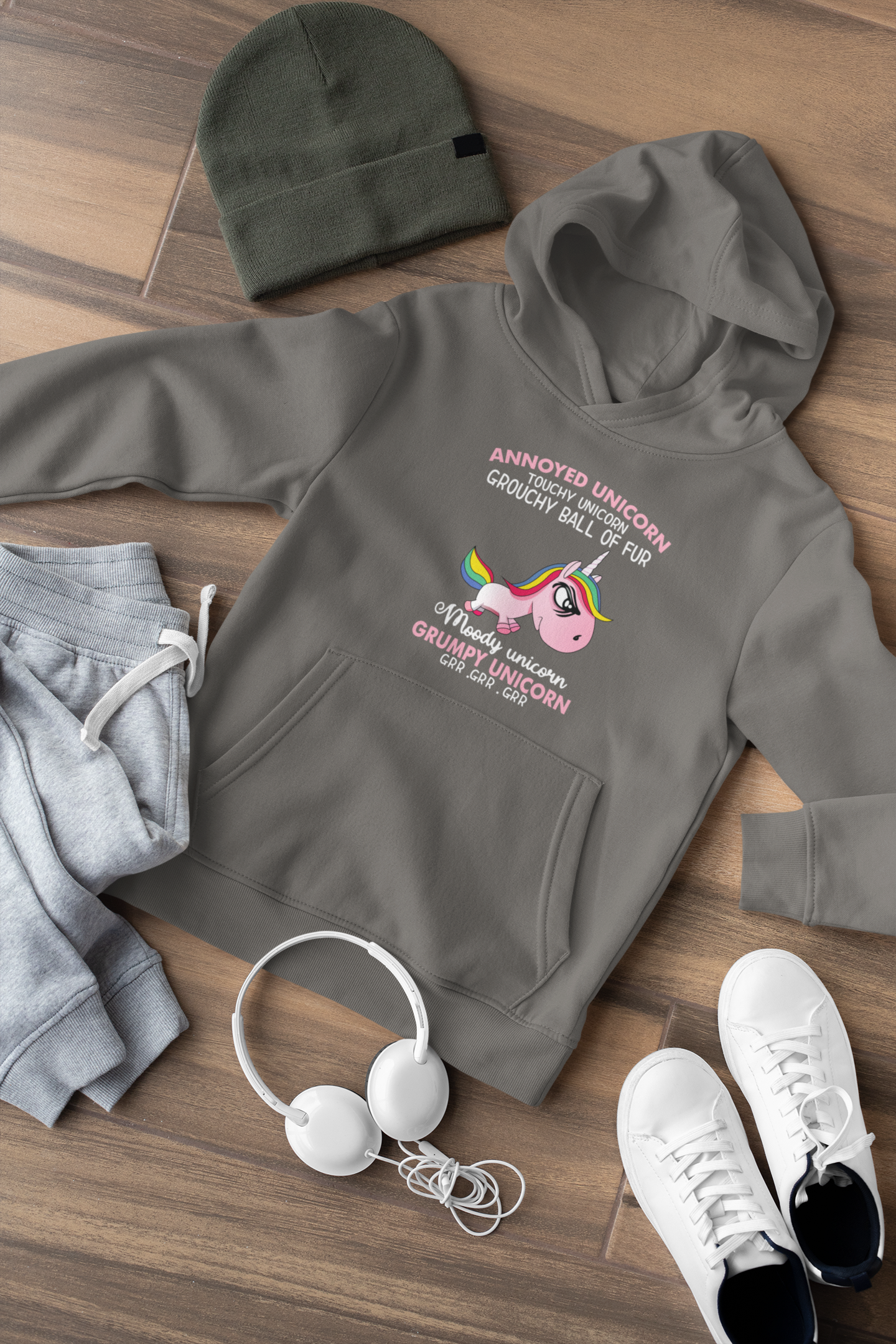 Hochwertiger Mittelschwerer Fleece-Hoodie für Jugendliche - Cartoon Einhorn Grumpy Unicorn - Weltweit verfügbar - GL