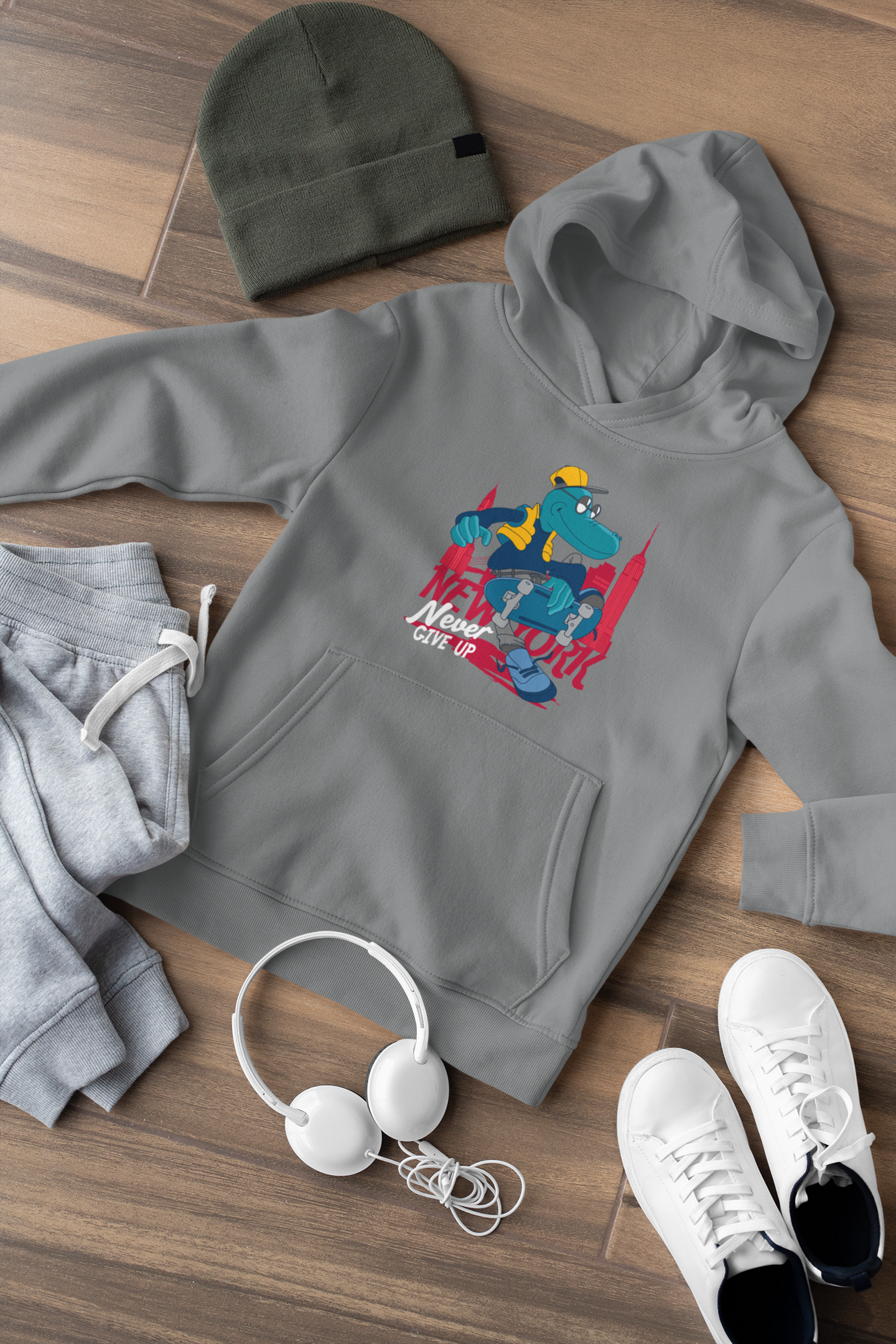 Hochwertiger Mittelschwerer Fleece-Hoodie für Jugendliche - Cartoon Krokodil Skater New York Never give up - Weltweit verfügbar - GL