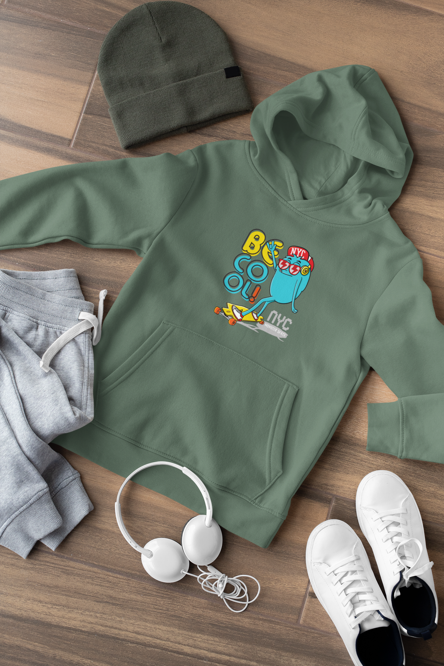 Hochwertiger Mittelschwerer Fleece-Hoodie für Jugendliche - Cartoon Little Monster Skate NYC Be cool - Weltweit verfügbar - GL