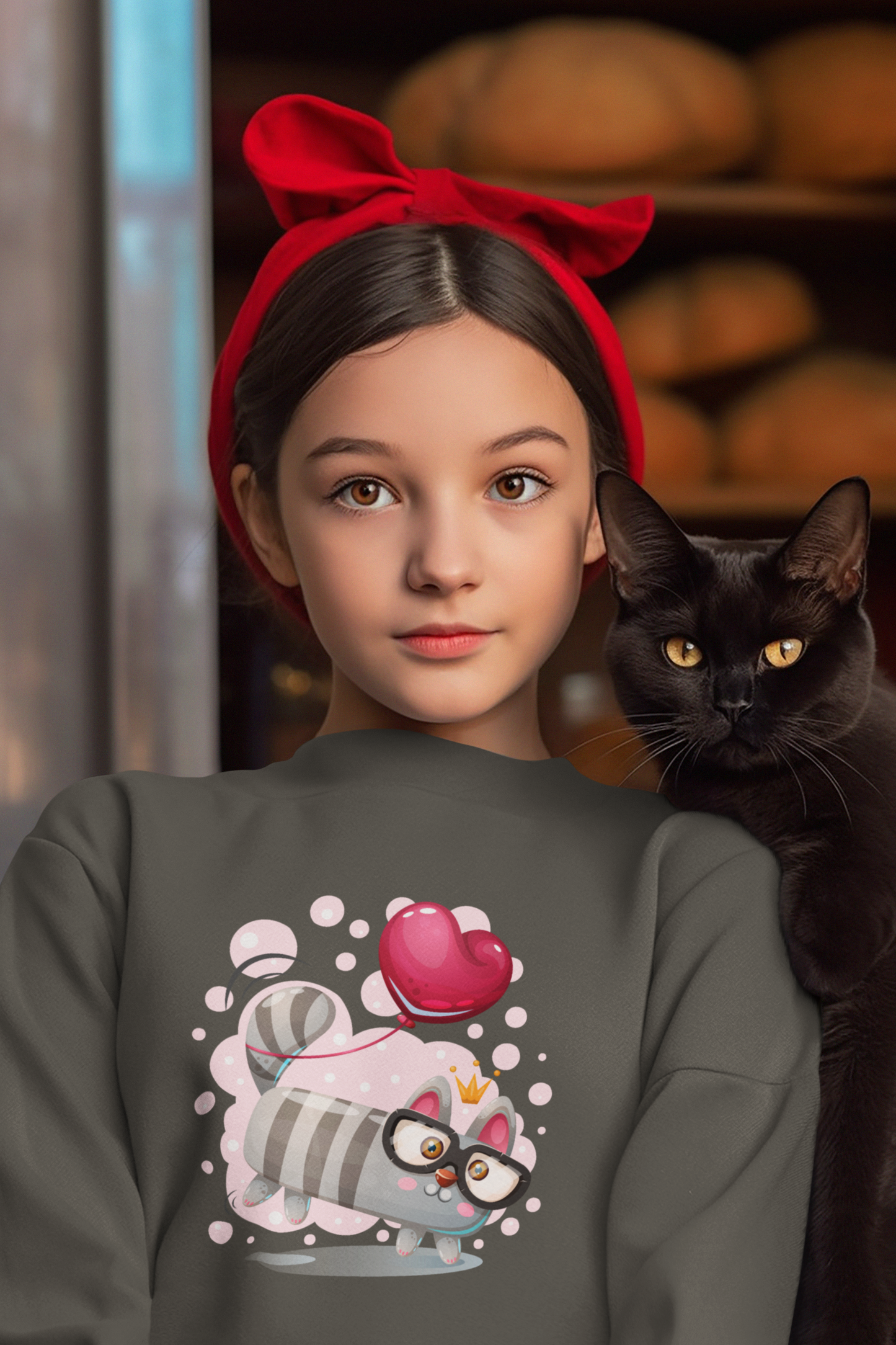 Cartoon Mini Katze mit Herzluftballon - Kinder Pullover Sweatshirt Mini Changer 2.0 ST/ST SH