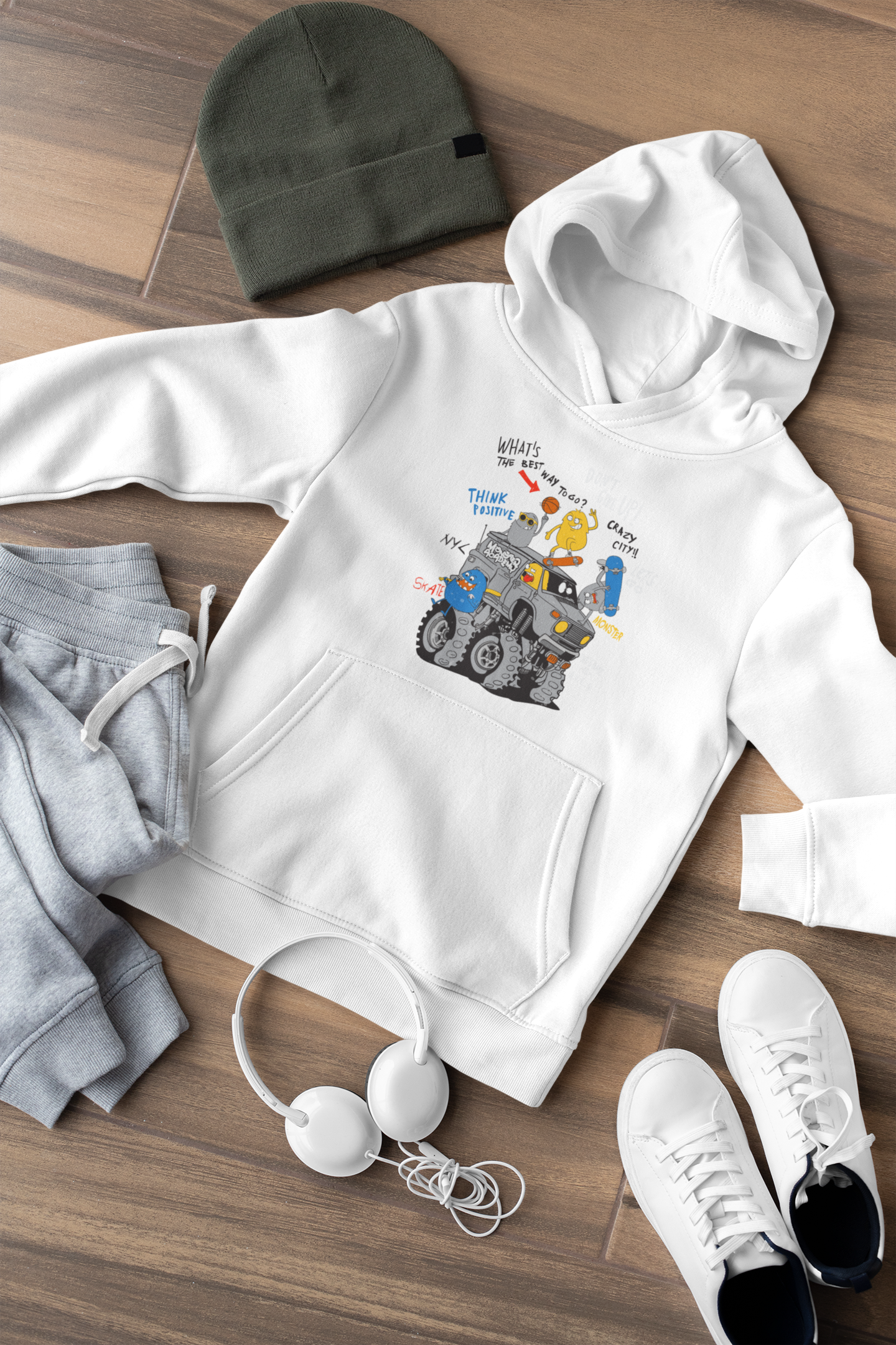 Hochwertiger Mittelschwerer Fleece-Hoodie für Jugendliche - Cartoon Monster Truck mit Freunde - GL