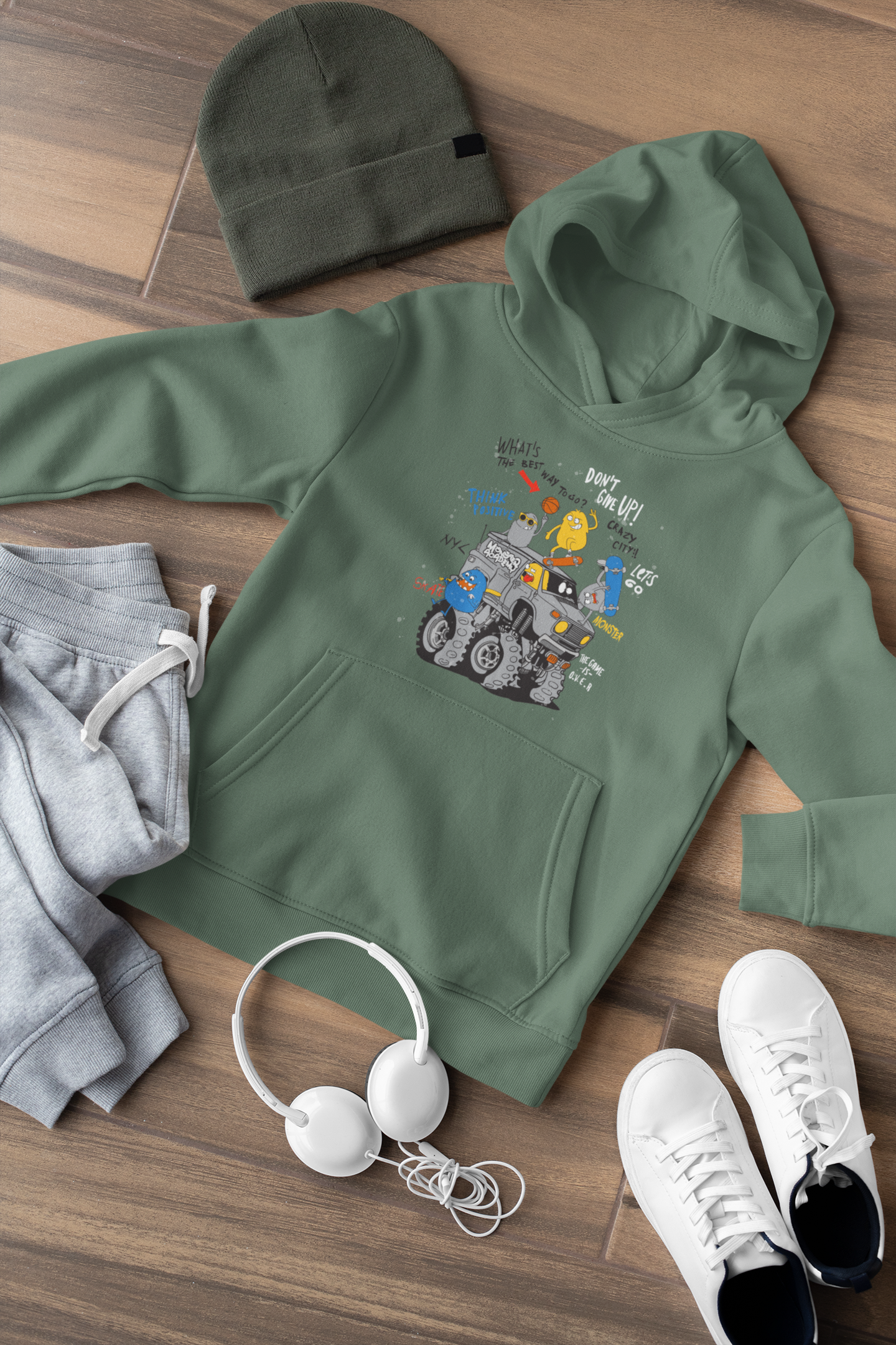 Hochwertiger Mittelschwerer Fleece-Hoodie für Jugendliche - Cartoon Monster Truck mit Freunde - GL