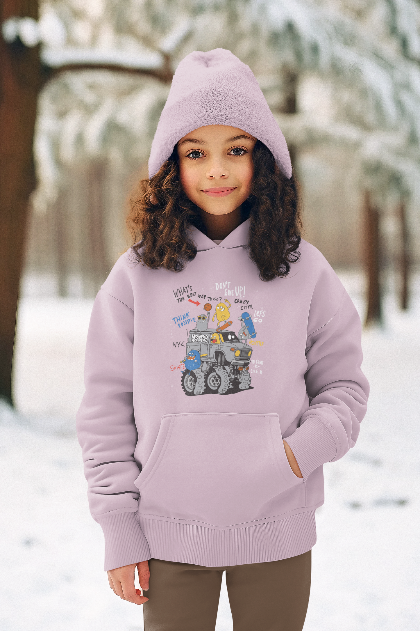 Hochwertiger Mittelschwerer Fleece-Hoodie für Jugendliche - Cartoon Monster Truck mit Freunde - GL