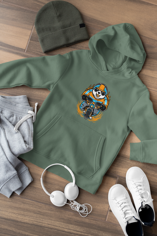 Hochwertiger Mittelschwerer Fleece-Hoodie für Jugendliche - Cartoon Panda Biker - Weltweit verfügbar - GL