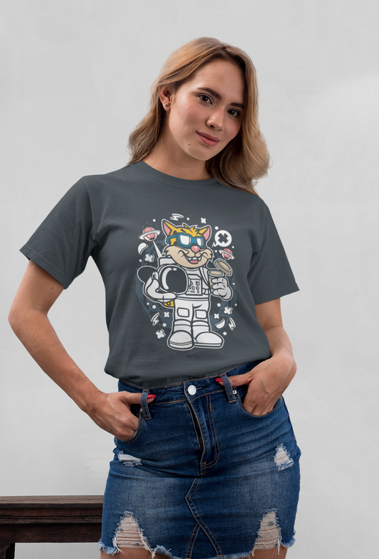 Cartoon Leopard Astronaut Front - Unisex Erwachsenen Bio Baumwolle Kurzarm Shirt Creator T-Shirt 2.0 ST/ST SK
