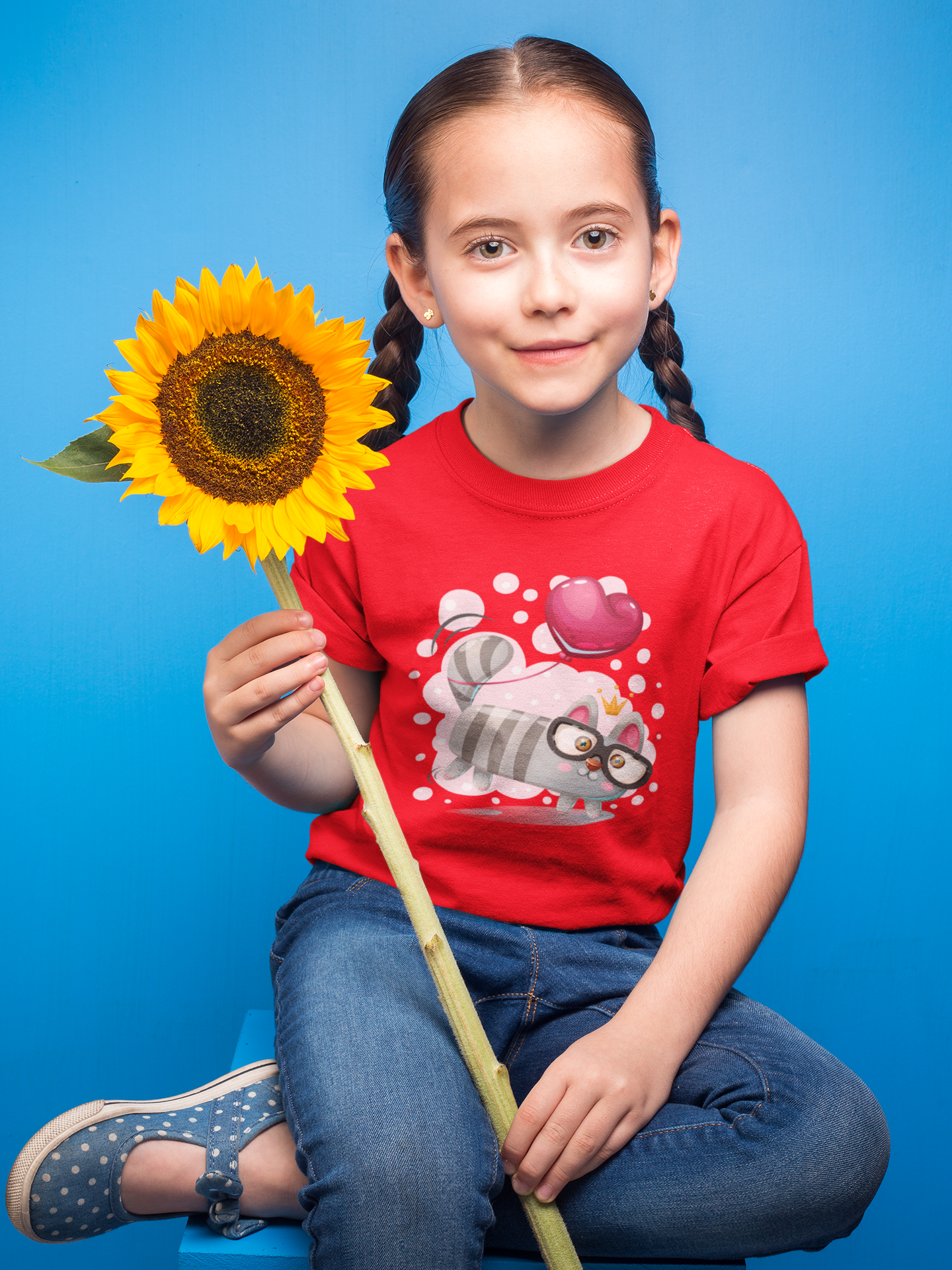 Cartoon Mini Katze mit Herzluftballon T-Shirt Kids SK