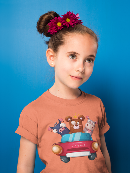 Cartoon Trio Kuh Baer Schweinchen im Auto T-Shirt Kids SK