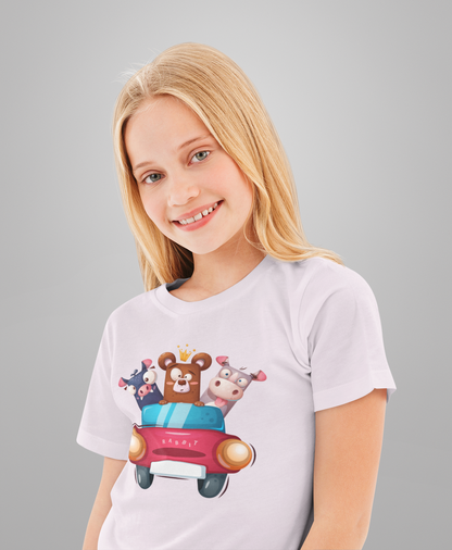 Cartoon Trio Kuh Baer Schweinchen im Auto T-Shirt Kids SK
